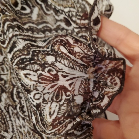 Liz Claiborne Blouse Size Xl Brown Print Semi Sheer Ruffle Cap SLV V Neck Career - Picture 5 of 9